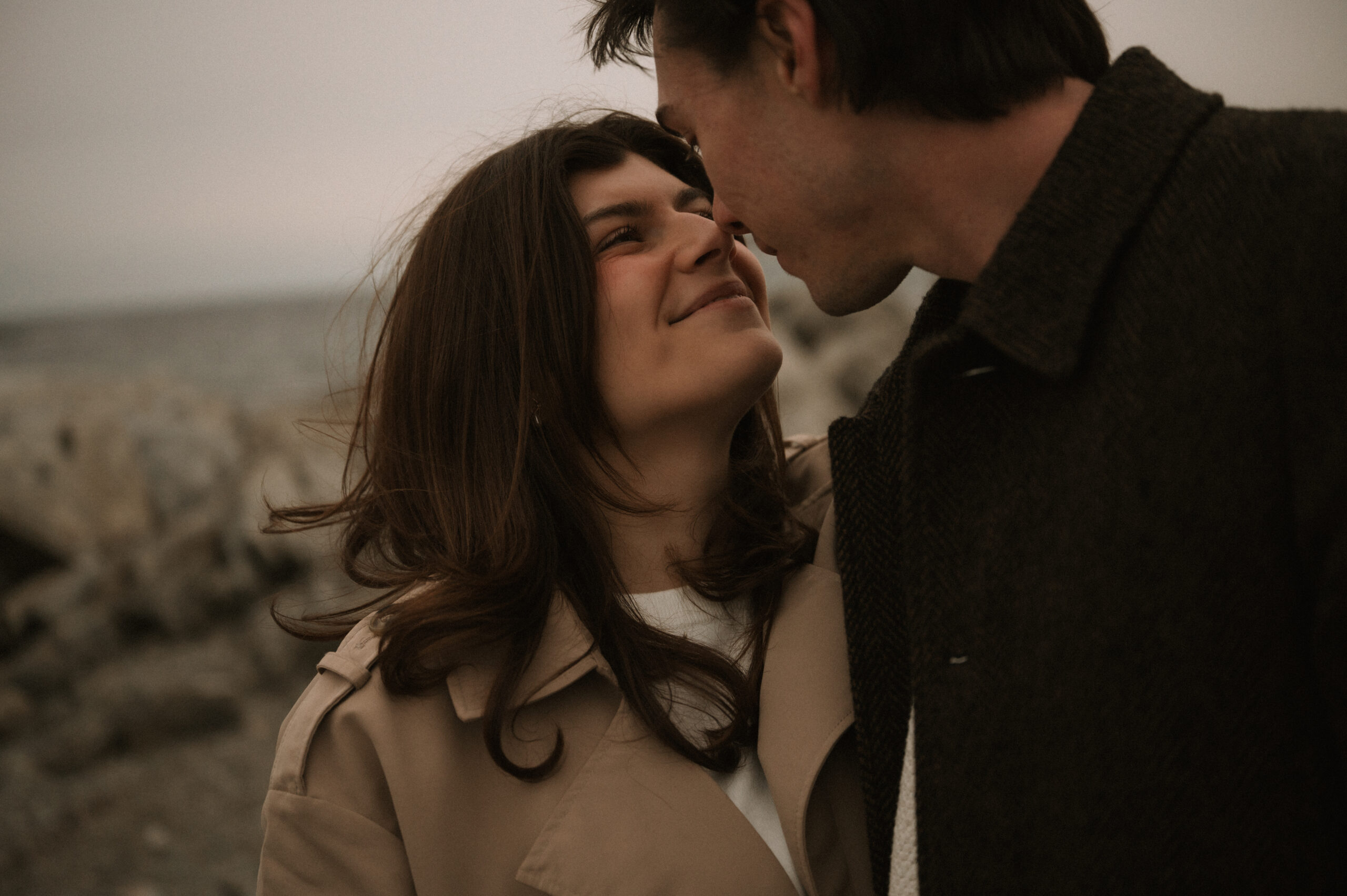 Cinematic engagement photography New England Film-inspired engagement photos New England Story-driven wedding photography New England Editorial coastal engagement photography Moody cinematic engagement session Timeless New England engagement photos Romantic cinematic wedding photography